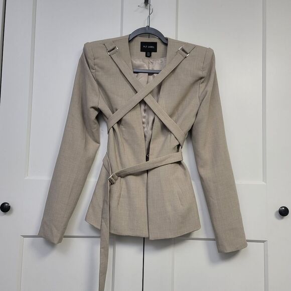 PLT LABEL Oatmeal Strap Detail Cross Over Fitted Blazer, 2 - Picture 5 of 10